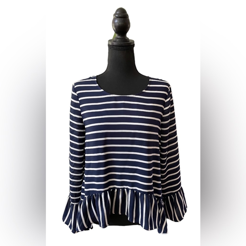 A. N. A.: Navy Blue and White Nautical Blouse with Flare Sleeves